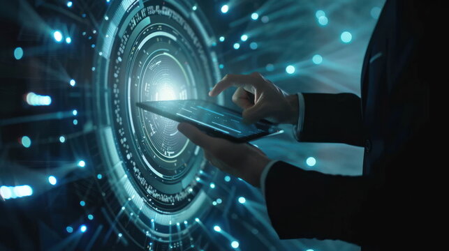 businessman hold tablet on hand, hologram data graph