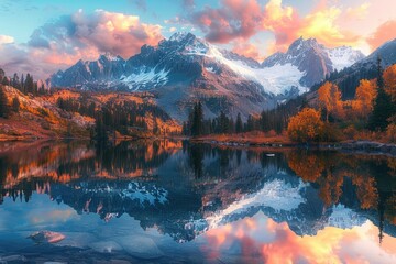 Fototapeta premium Snowy mountains and reflections on the water surface