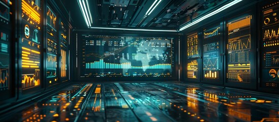 Obraz premium Digital Finance Trends: Futuristic Glass Display with Stock Market Data and Business Graph Analysis
