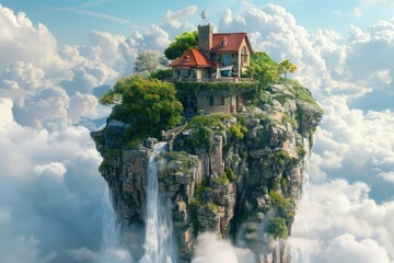 A mountain peak floating in the air with a small house on top