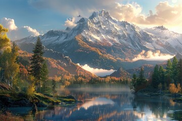 Fototapeta premium Snowy mountains, forests, and lakes, with reflections on the water surface