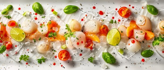 Gourmet seafood dish featuring fresh scallops, citrus slices, cherry tomatoes, and basil leaves, artfully arranged on a white plate.