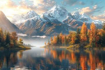 Snowy mountains, forests, and lakes, with reflections on the water surface