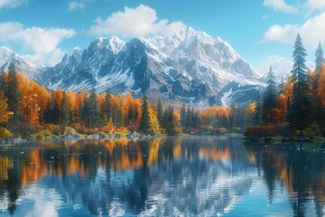 Obraz premium Snowy mountains, forests, and lakes, with reflections on the water surface