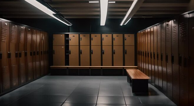 Hallway of black metal lockers with various doors