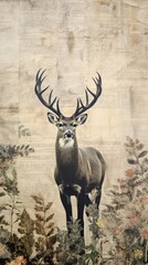 Wallpaper ephemera pale Deer wildlife animal antler.