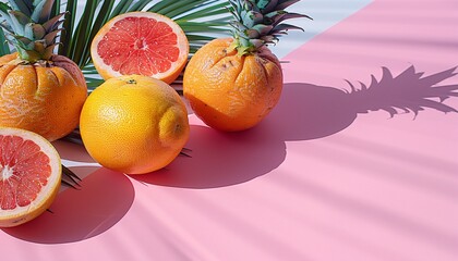 Artistic arrangement of orange fruit on a pink background with bold shadows, embodying a minimalist...