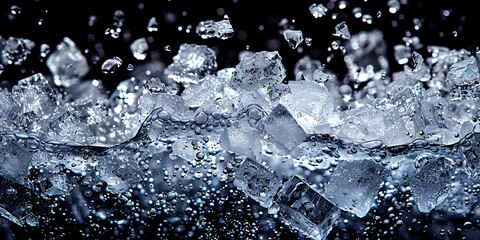 Scattered crushed ice on dark background symbolizing motion.