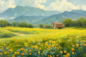 The village cottage under the high mountain, yellow flowers blooming all over the grassland