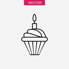 Cupcake with candle line icon, linear style simple black flat illustration on white background..eps