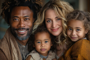 A family of four, including a man and three children, are smiling