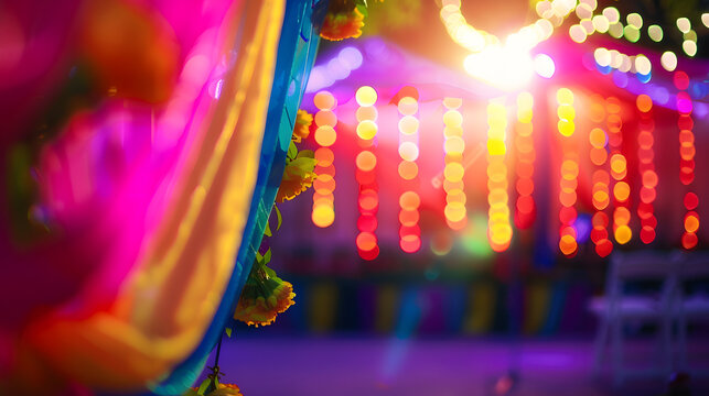 Selective focus on the colorful stage decoration with bright shade of color for bride and groom in the sangeet night of traditional indian wedding party celebration with blurry foregro : Generative AI