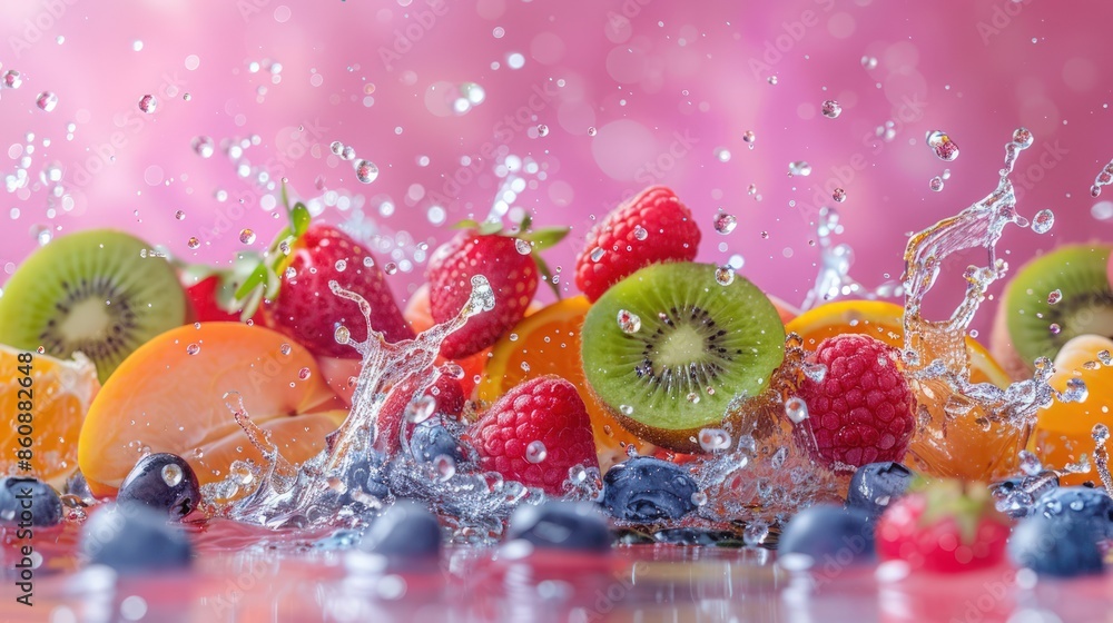 Poster a fruit salad with water splashing around it. generate ai image