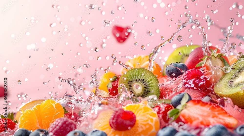 Poster a fruit salad with water splashing around it. generate ai image