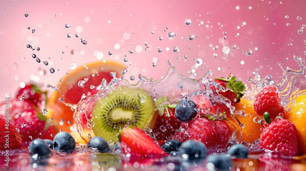 Poster a fruit salad with water splashing around it. generate ai image