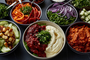 A variety of colorful bowls filled with different types of food, including beans
