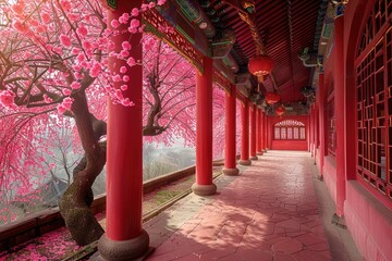 Red palace walls, pink flowers