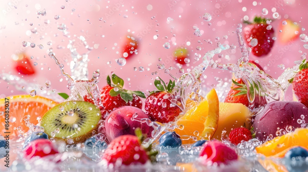 Poster a fruit salad with water splashing around it. generate ai image