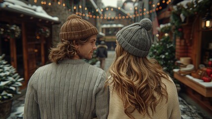 Fototapeta premium Rear view of young couple walking the streets of city on New Years, new year fireworks holiday, copy space, 