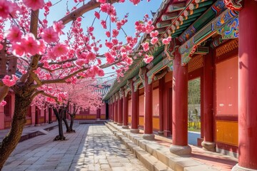 Obraz premium Red palace walls, pink flowers