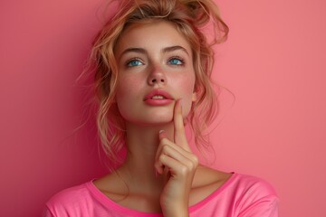 Fototapeta premium photo of pensive young woman in pink shirt on pink background