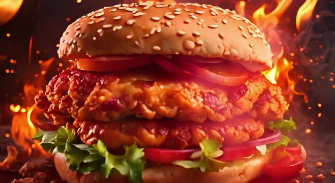 Delicious spicy fried chicken burger with burning fire on dark background