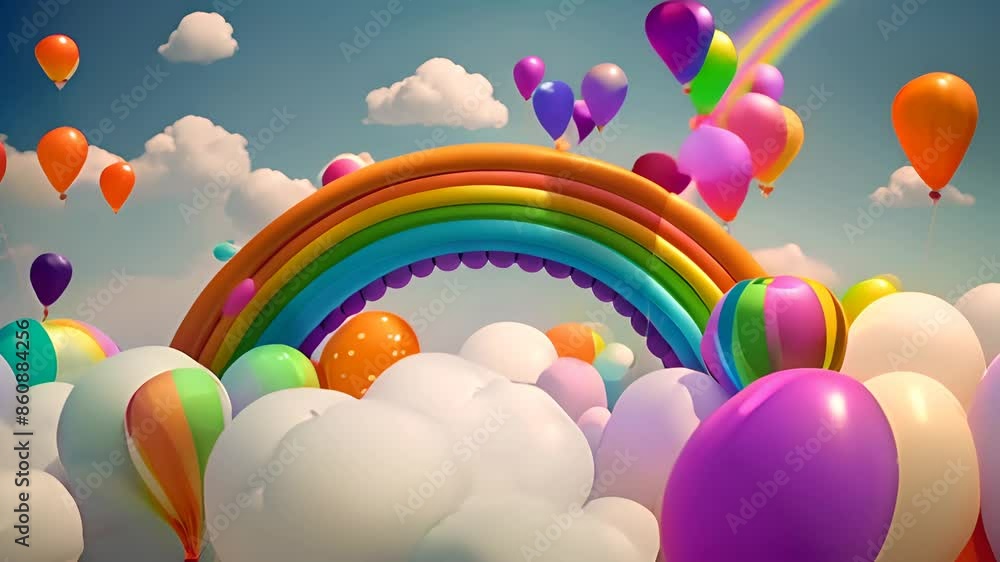 Poster Rainbow and Balloons in the Clouds Generative AI