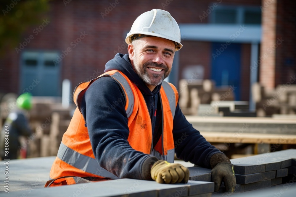 Poster working smiling hardhat helmet.