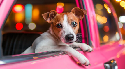 Jack russell terrier dog enjoying night ride in pink vintage car