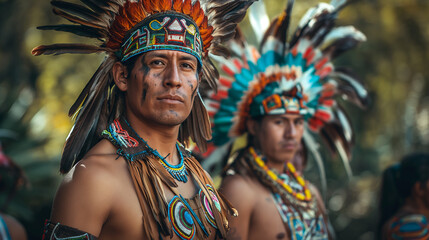 Aztec men wearing traditional headdresses posing at festival
