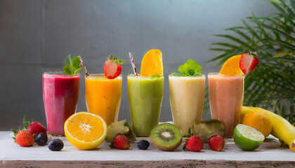 カラフルなスムージー。複数。フルーツ複数。コピースペース。Colorful smoothies. Multiple. Multiple fruits. Copy space.