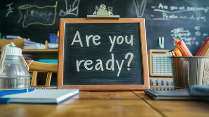 Chalkboard with question "Are you ready?" and notebooks on table. Preparing for exam