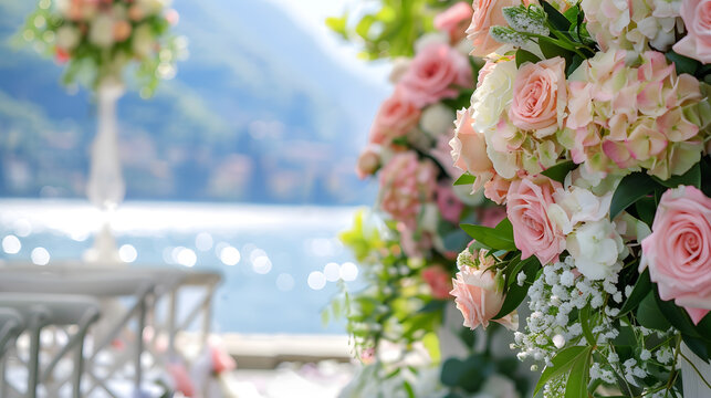 Weddings on Lake Como Soft focus A beautiful flower decoration for a wedding ceremony in the garden by the lake Luxurious wedding hall Registration of the wedding ceremony Italy April  : Generative AI