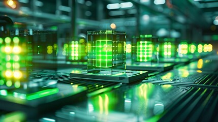 Obraz premium Futuristic Data Center with Green Glowing Cubes.
