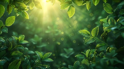 Green Leaves with Sun Rays and Bokeh.