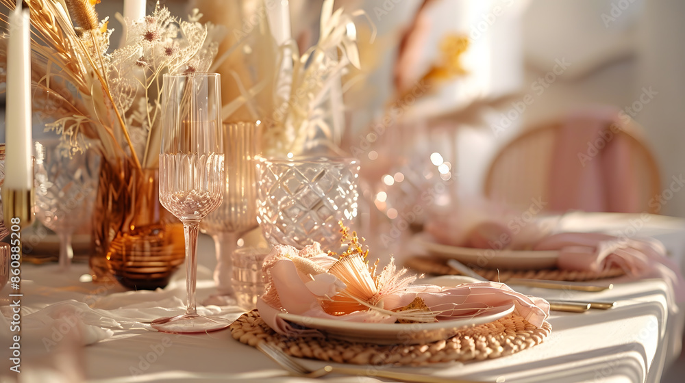 Poster festive table setting for birthday or wedding in style of rustic boho decor in natural colors select