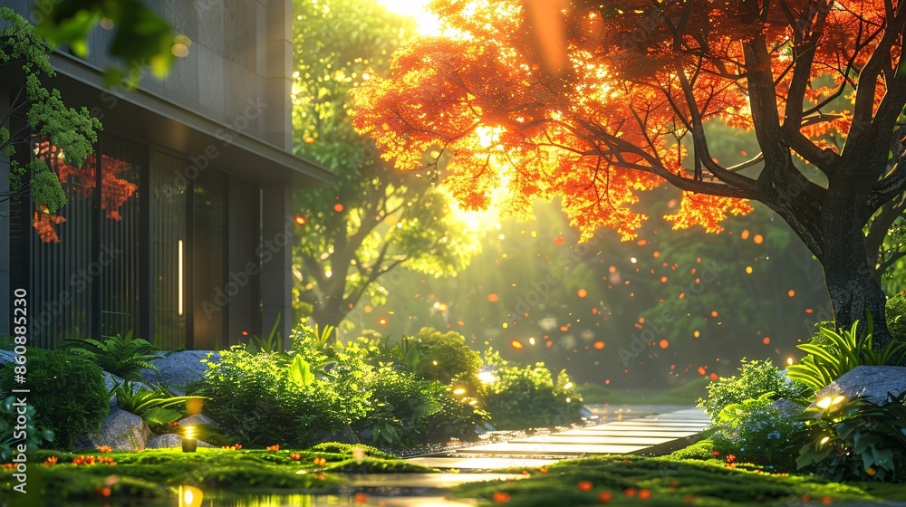 Poster pathway through a garden with a red tree.