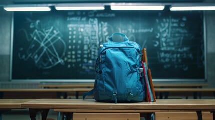 School Backpack on Desk with Chalkboard in Background, Generative AI
