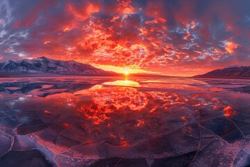 Fototapeta premium In the evening, the red sunset shines on the snow capped mountains and the reflection on the lake surface