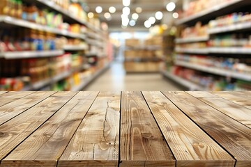 Top view of glossy wooden table with supermarket grocery store blurred background.