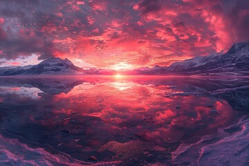 Fototapeta premium In the evening, the red sunset shines on the snow capped mountains and the reflection on the lake surface