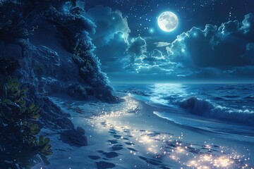 Obraz premium Full moon, illuminated by seaside beach lights