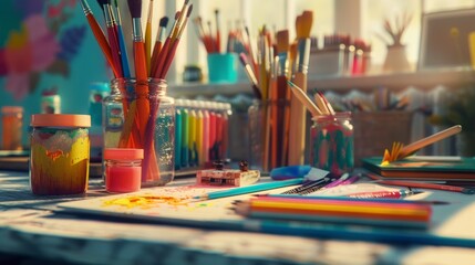 Colorful Art Supplies on Creative Workspace Generative AI