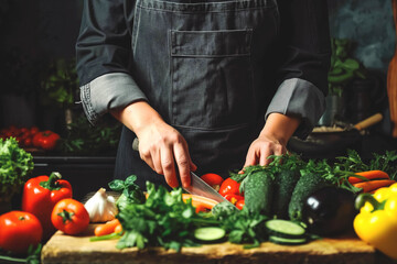 The chef in black apron cutting vegetables. Concept of eco-friendly products for cooking