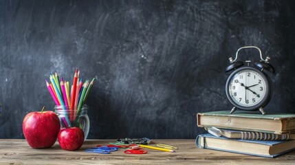 Back to School Concept with Apple, Colored Pencils, and Clock - Generative AI