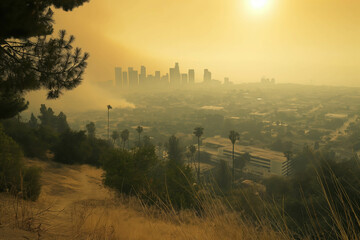 Fototapeta premium Thick layer of smog and haze from nearby brush fire obscuring the view of downtown