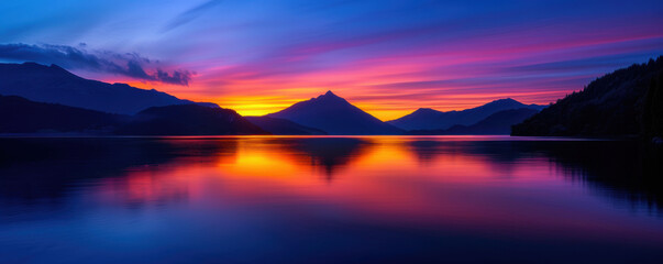 A beautiful sunset over a lake with mountains in the background