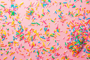 Fototapeta premium Trendy pattern of colorful sprinkles for background of design banner, poster, flyer, card, postcard, cover, brochure over pink