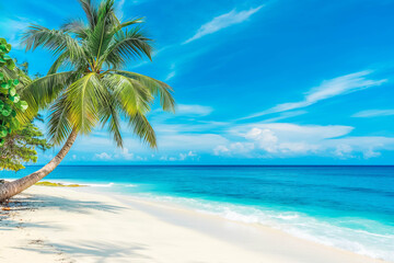 Tropical white sand beach with coco palms and the turquoise sea on