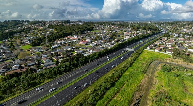 Traffic on State highway 1 motorway and the district of Manukau,, Auckland, New Zealand.